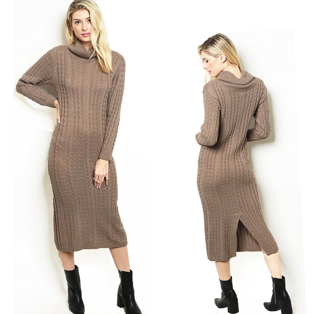Brown Long Sleeve Crochet Cable Knit Rib Hem Slit Midi Long Sweater Dress - D491